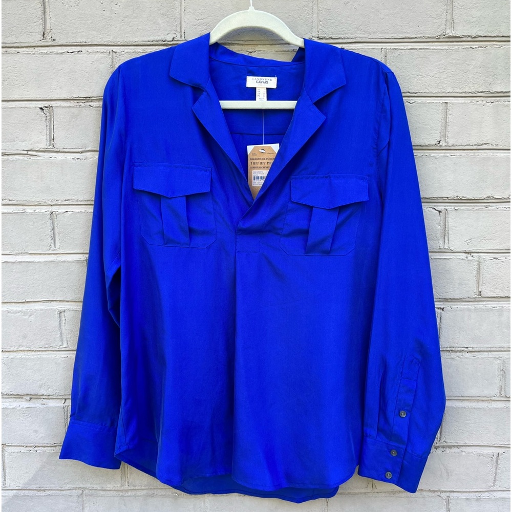 NWT Lands End Canvas Size 8 Peacock Blue Silk Popover Blouse